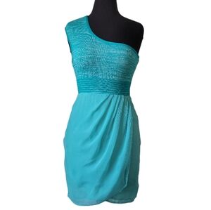 WOW Couture teal one shoulder faux wrap mini Dmress ruched cocktail party size S